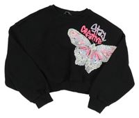 Čierna oversize crop mikina s motýlkom s flitrami a nápismi PRIMARK