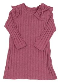 Ružovo-sivé melírované rebrované úpletové šaty s mašlou a volánikmi