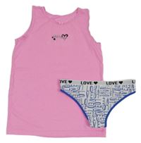 2Set - Růžová košilka s nápisem a srdíčkem PRIMARK + bílo/cobaltově modré kalhotky s nápisy SHEIN