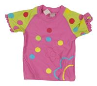 Ružovo-svetlozelené UV tričko s bodkami a kvetmi a volánikmi PUSBLU