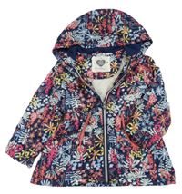 Tmavomodrá šusťáková jarní zateplená parka s kytičkami a kapucí F&F