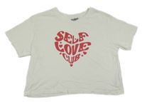 Biele crop tričko s nápismi a srdiečkami DESTINATION