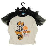 Nové - 2Set - Smetanové triko s Minnie a dýní z flitrů + černá puntíkatá vrstvená tylová sukně Disney