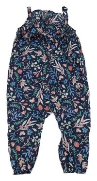Tmavomodrý kalhotový overal s kytičkami a větvičkami a jahůdkami a motýlky a volánky H&M