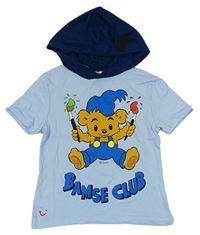 Světlemodro-tmavomodré tričko s medvedíkom a kapucňou