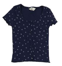 Tmavomodré rebrované crop tričko s motýly a gombíkmi H&M