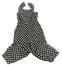 Černo-světlešedý vzorovaný lněný culottes overal s volánky George