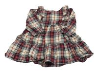 Béžovo-červeno-tmavomodré kostkované třpytivé šaty s volánky F&F