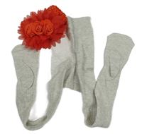 2set - Svetlosivé melírované rebrované punčocháče + červená čelenka s 3D kvety