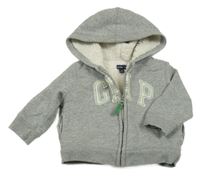 Šedá melírovaná zateplená propínací mikina s logem a kapucí GAP