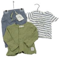 Nové - 3set - Modrošedé tepláky + bílo-tmavmodré pruhované tričko s nápisem + khaki žebrovaná lehká propínací mikina