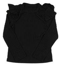 Černé žebrované triko s volánky