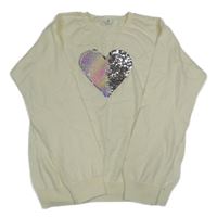 Krémový ľahký sveter so srdcem z překlápěcích flitrů H&M