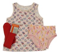 3set - Růžová košilka s kočkami + kalhotky s papoušky + červené žebrované podkolenky