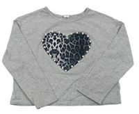 Sivé melírované crop tričko so srdcem a perličkami shein