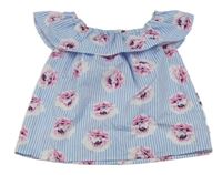 Modrý pruhovaný/květovaný lehký crop top s volánkem Primark