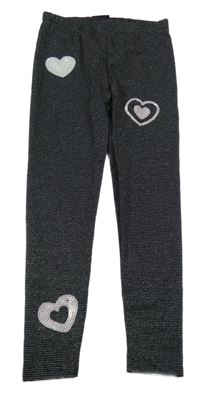 Čierno-strieborné pruhované legíny so srdiečkami s flitrů Kiki&Koko