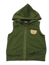 Tmavozelená ľahká tepláková vesta s medvěďom a kapucňou