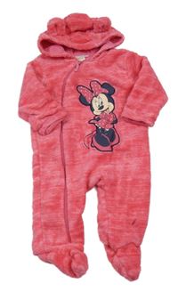Růžová melírovaná plyšová podšitá kombinéza s Minnie a kapucí Disney