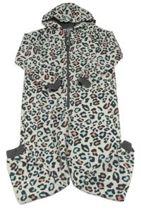 Bílo-šedo-modro-korálová fleecová kombinéza s leopardím vzorem a kapucí Pepperts