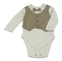 Bielo-béžové body s našitou vestou a motýlkom Primark