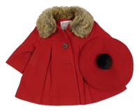 2set - Červený flaušový kabátek s kožešinovým límcem + červený baret s bambulí F&F