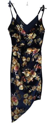 Nové - Dámské tmavomodré květované sametové asymetrické šaty Parisian 