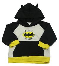 Černo-bílo-žlutá lehká mikina s Batmanem a kapucí 