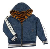 Tmavomodro-bílá šusťáková zimní oboustranná bunda s kapucí 