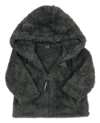 Šedá chlupatá propínací mikina s nášivkou a kapucí 