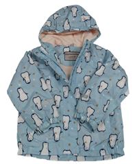 Světlemodrá šusťáková jarní bunda s tučňáky a kapucí Pocopiano