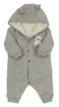 Svetlosivá pletená zateplená kombinéza s medvěďom a kapucňou Little nutmeg