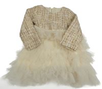 Smetanovo-hnědo-zlaté vlněno/tylové šaty 