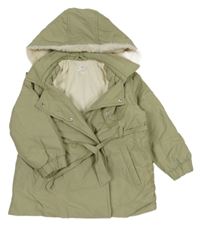 Světekhaki šusťáková zateplená bunda s páskem a kapucí Mango