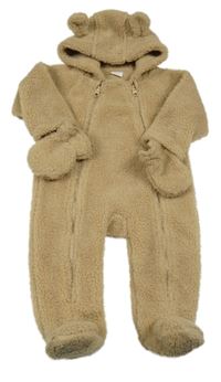 Béžová huňatá kombinéza s kapucí + rukavice Next