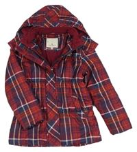 Červeno-tmavomodro-biela kockovaná šušťáková zimná bunda s kapucňou Tom Tailor