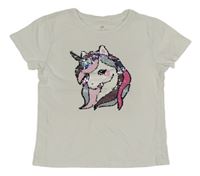 Bílé tričko s jednorožcem z flitrů H&M