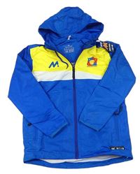 Cobaltovoě modro-bielo-žltá šušťáková športová jarná bunda s erbem a kapucňou macca sports