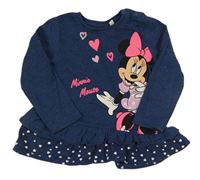Tmavomodrá melírovaná šatová tunika s Minnie a srdiečkami a volánikom Disney