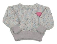 Barevno-světlerůžovo/šedý melírovaný rebrovaný oversize sveter so srdiečkom PRIMARK