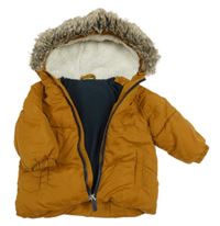 Bronzová prešívaná šušťáková zimná bunda s kapucňou s kožešinou TAPE 'A L'OEIL