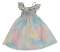 Duhové batikované šaty se žabičkováním a volánky SHEIN