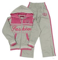 2Set - Světlešedo-růžová propínací sportovní mikina s nápisy a číslem a kapucí + tepláky