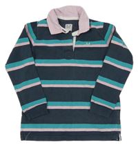 Tmavomodro-modrozeleno-svetloružová pruhovaná melírovaná mikina s golierikom CREW