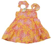 Nové - ružové letné šaty s lístečky a kvetmi a volánikmi PRIMARK