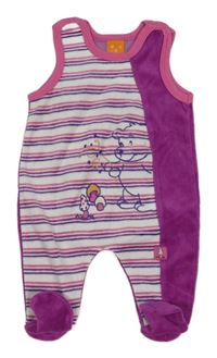 Bílo-pruhovano-purpurovo-růžové sametové dupačky s medvedíkom PUSBLU