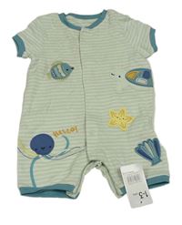 Světlezeleno-biely pruhovaný bavlnený kraťasový overal s mořskými živočichy Mothercare