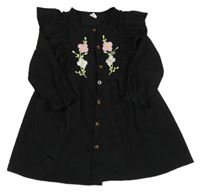 Čierne rebrované prepínaci šaty s výšivkami květů a volánikmi Shein