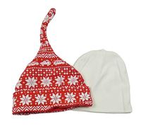 2x bavlněná čepice - smetanová + červená vzorovaná