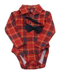 Nové - 2set - Červeno-černo-bílé kostkované košilové body + černý motýlek F&F